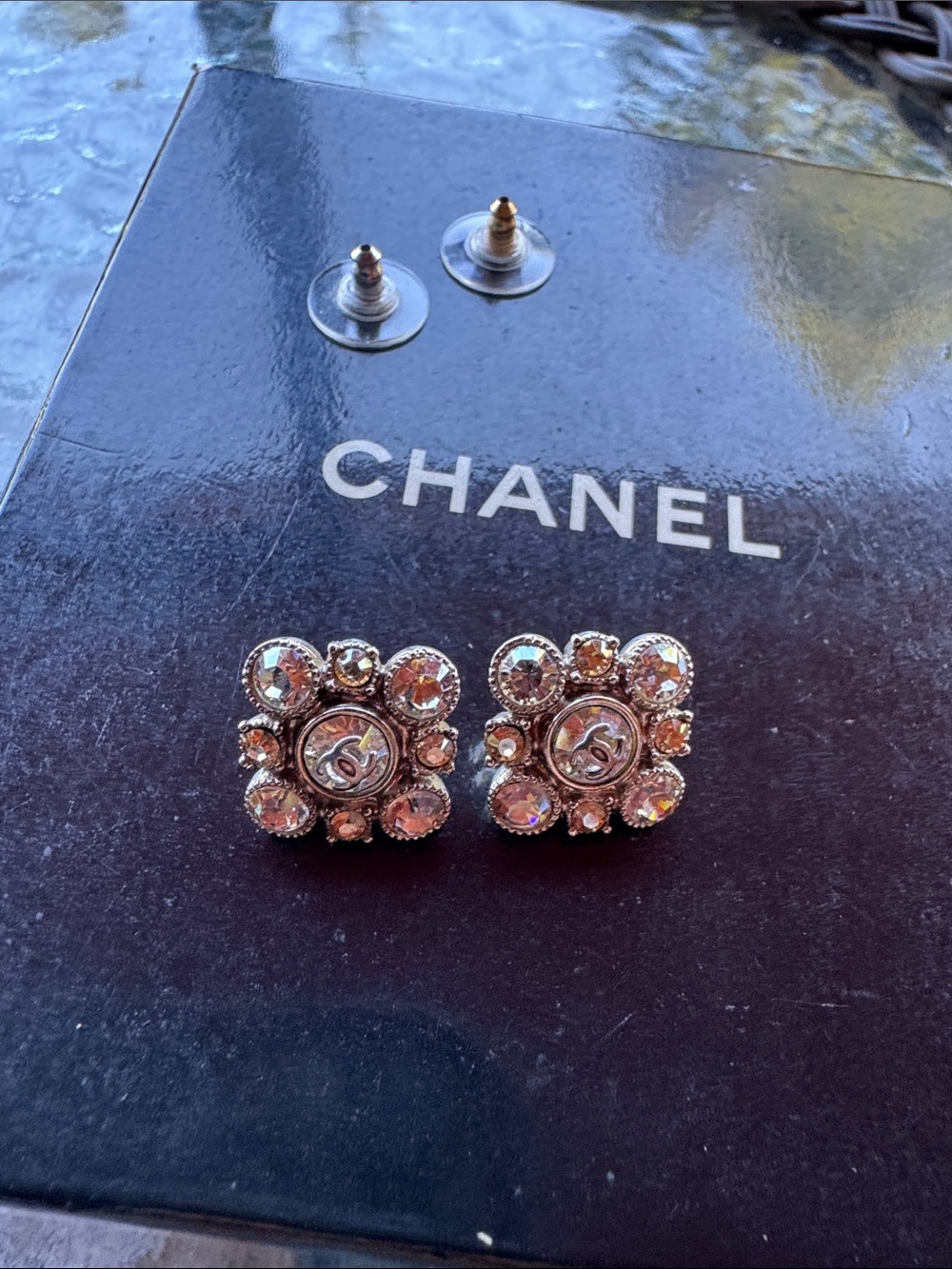 CHANEL Pierced Crystal Square CC Stud Earrings